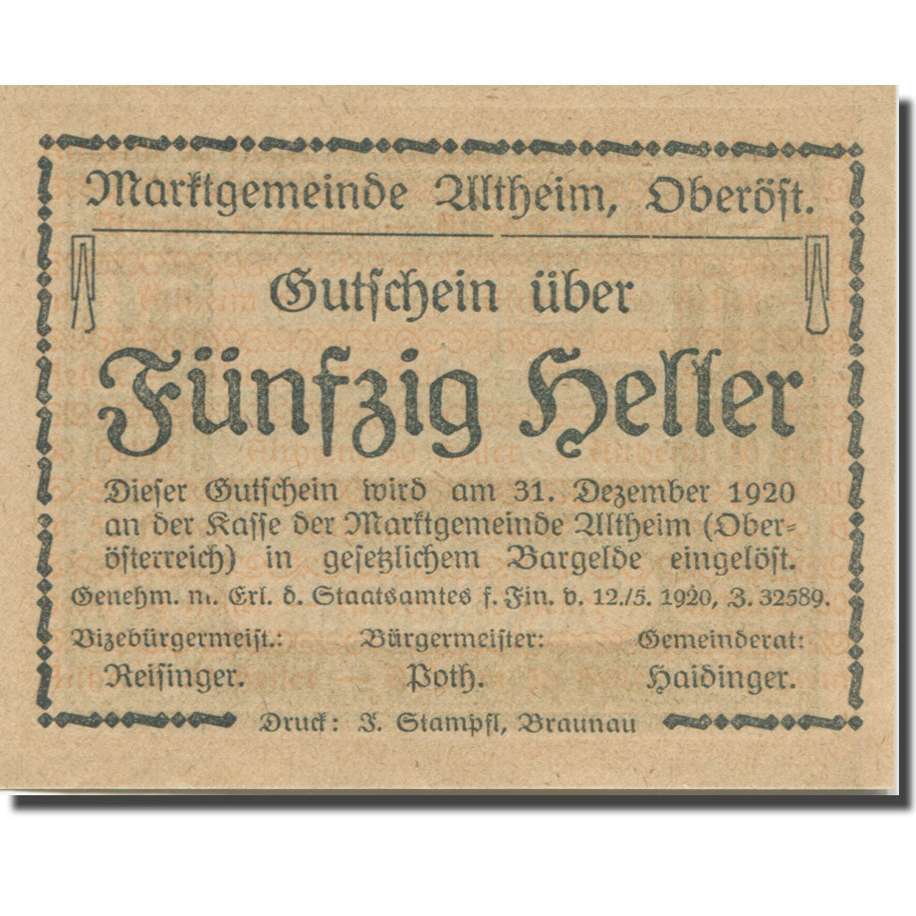 Banknote, Austria, Altheim, 50 Heller, champs, 1920 UNC(65-70) Mehl:FS 32aE