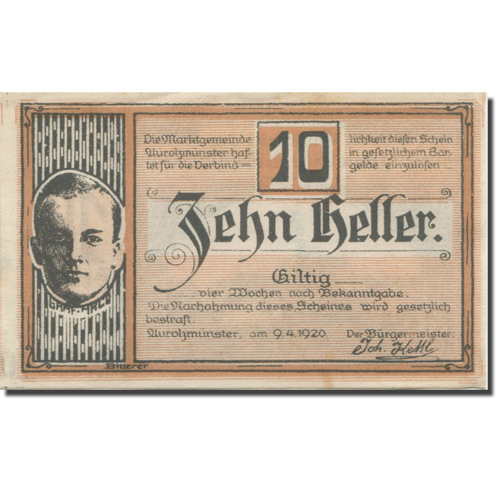 Banknote, Austria, Aurolzmunster, 10 Heller, village, 1920 AU(55-58) Mehl:FS 69a
