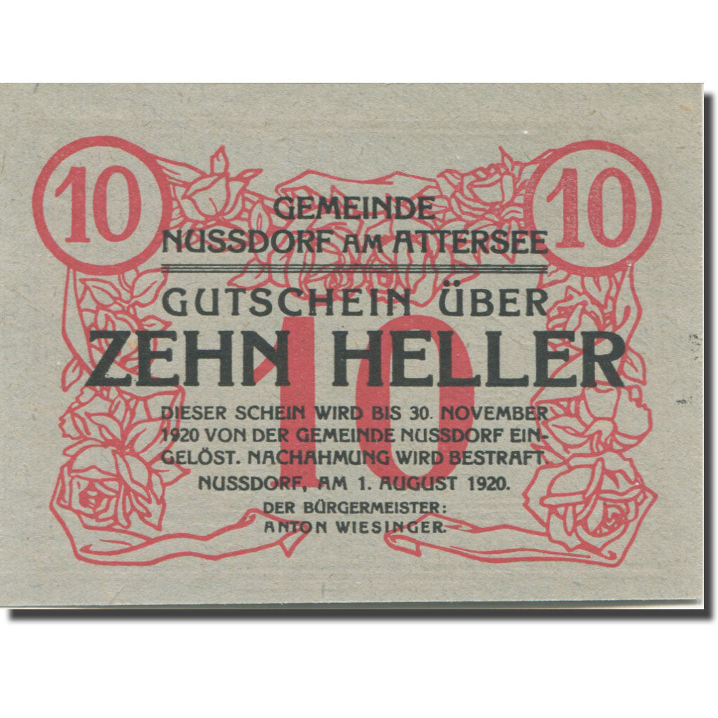 Banknote, Austria, Nussdorf, 10 Heller, lac, 1920 UNC(65-70) Mehl:FS 677a