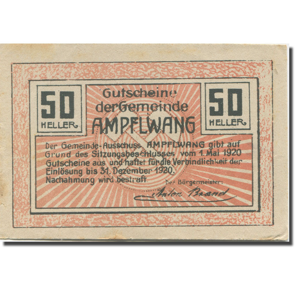 Banknote, Austria, Ampflwang, 50 Heller, village, 1920 AU(55-58) Mehl:FS 36a