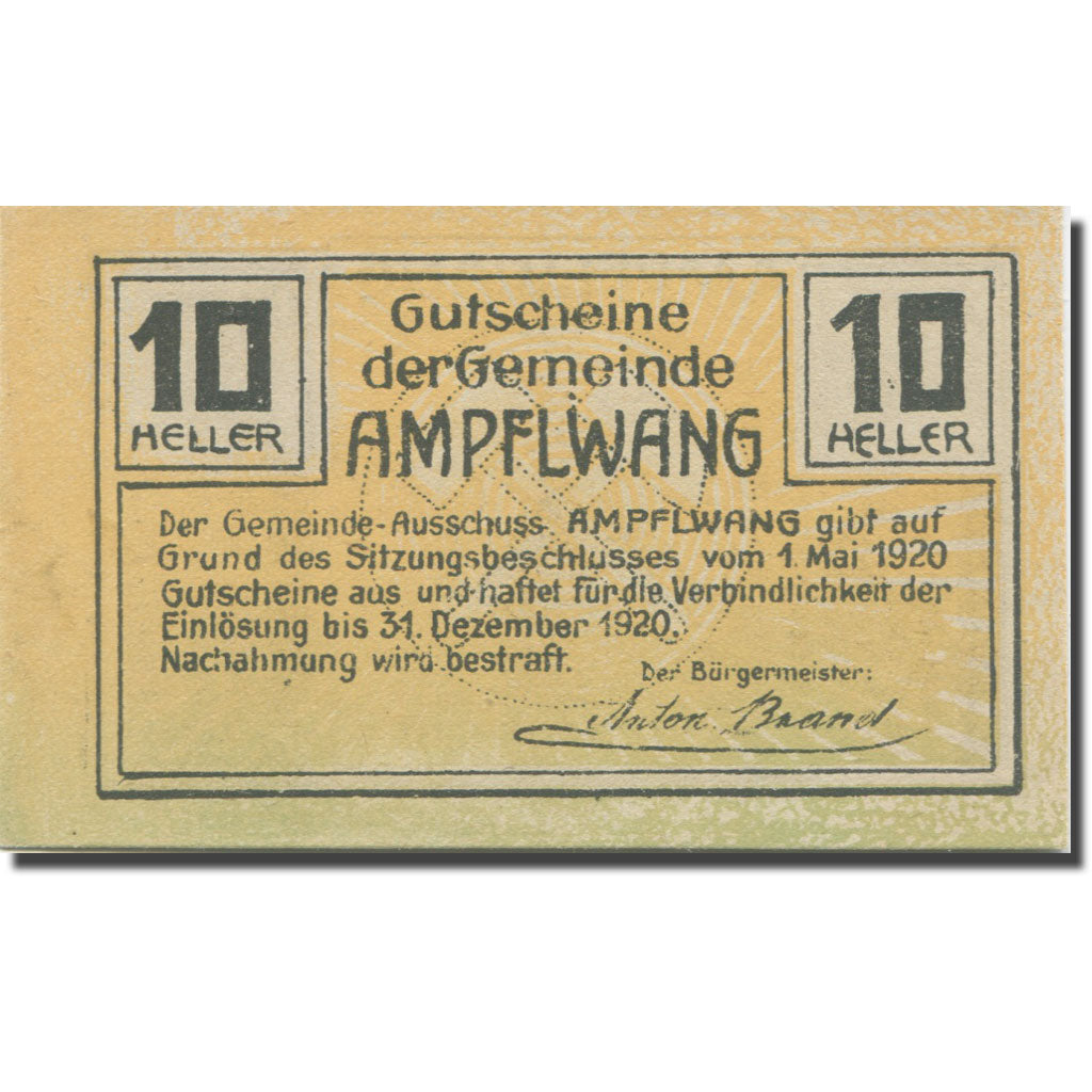 Banknote, Austria, Ampflwang, 10 Heller, Mine 1, 1920 UNC(63) Mehl:FS 36a