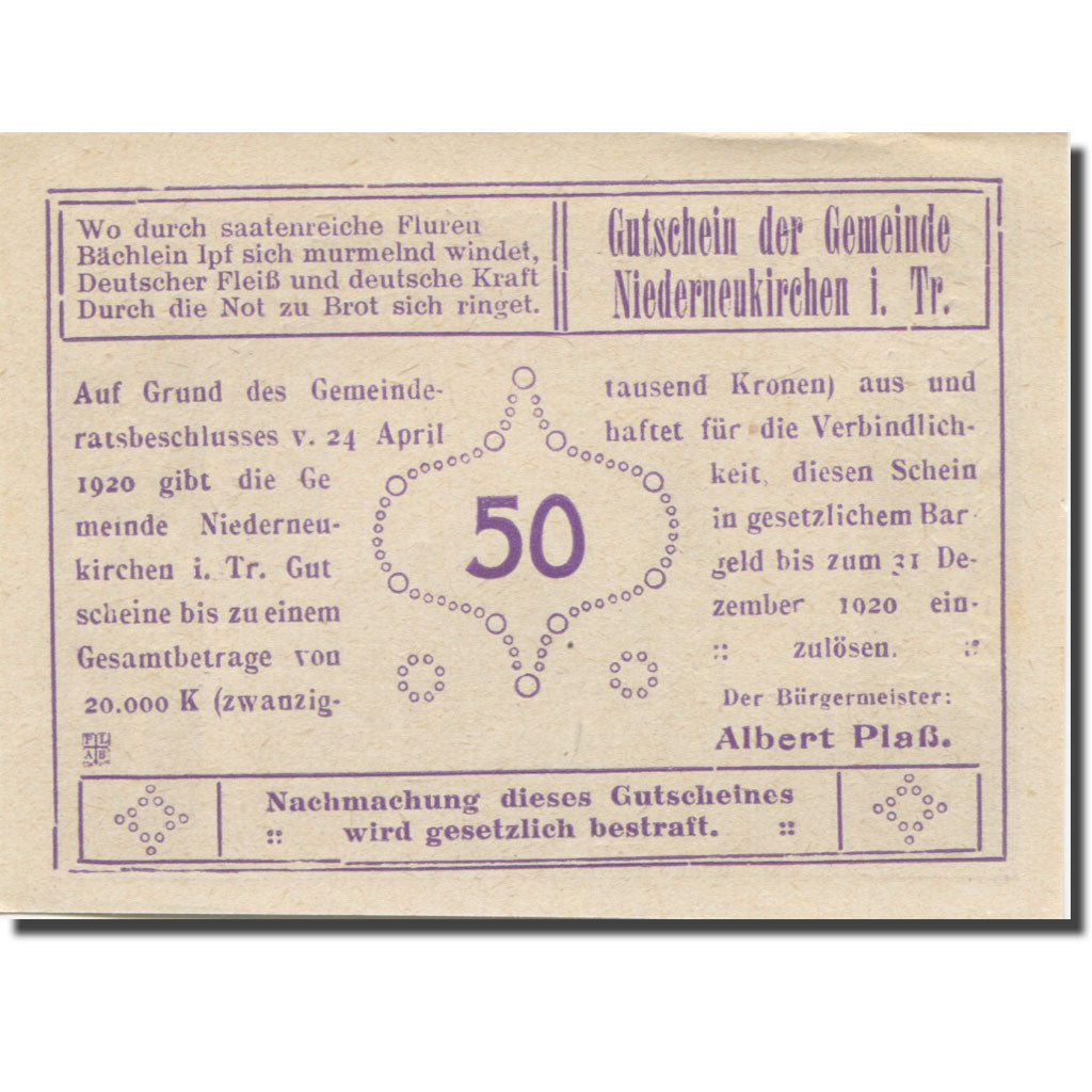 Banknote Austria Niederneukirchen, 50 Heller, Eglise, 1920 UNC(63) Mehl:FS 670a