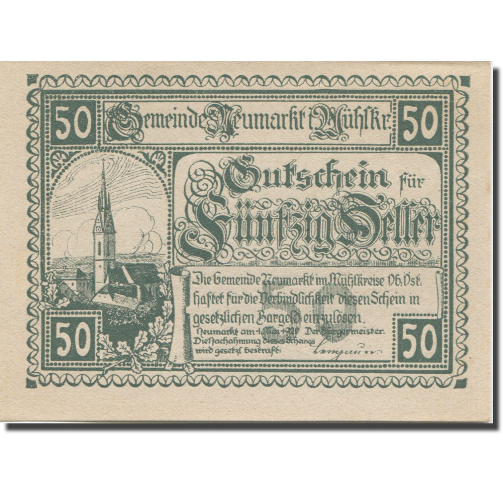 Banknote, Austria, Neumarkt, 50 Heller, Eglise, 1920 UNC(63) Mehl:FS 664b