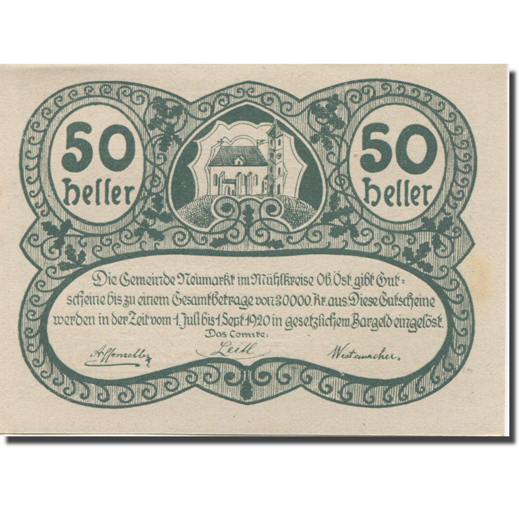 Banknote, Austria, Neumarkt, 50 Heller, Eglise, 1920 UNC(63) Mehl:FS 664b