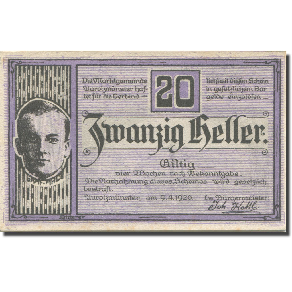 Banknote, Austria, Aurolzmunster, 20 Heller, place, 1920 UNC(63) Mehl:FS 69a