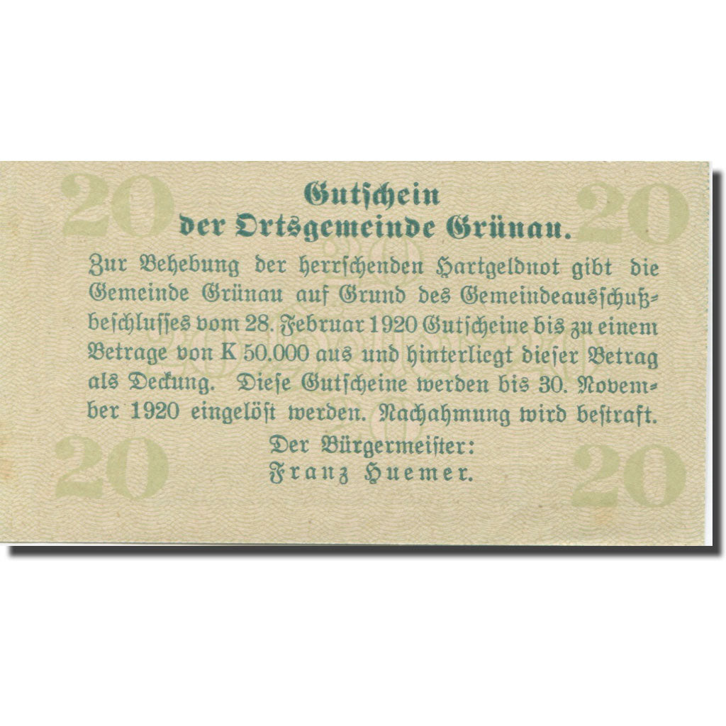 Banknote, Austria, Grünau, 20 Heller, village, 1920 UNC(65-70) Mehl:FS 300b