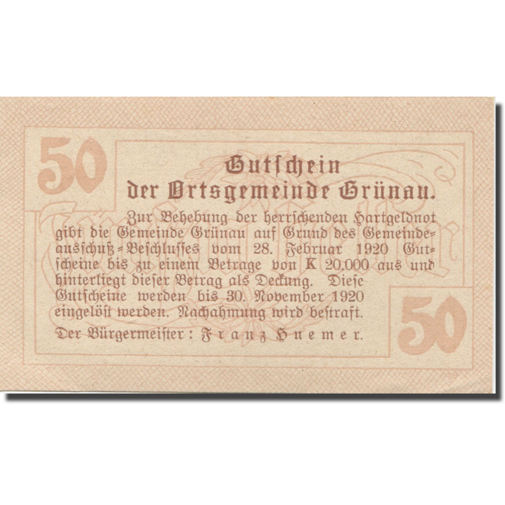 Banknote, Austria, Grünau, 50 Heller, ferme 1920-11-31, UNC(63), Mehl:FS 300a