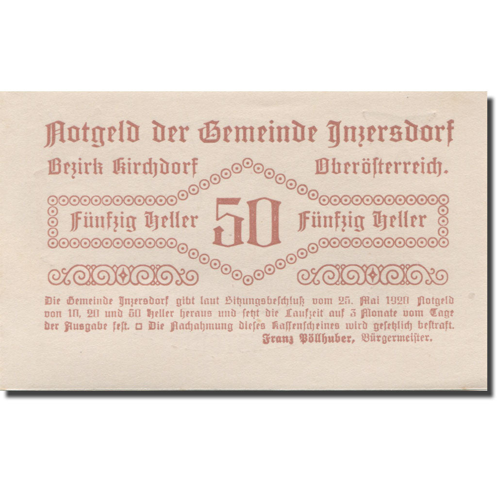 Banknote, Austria, Inzersdorf, 50 Heller, château, 1920 UNC(63) Mehl:FS 415Ia