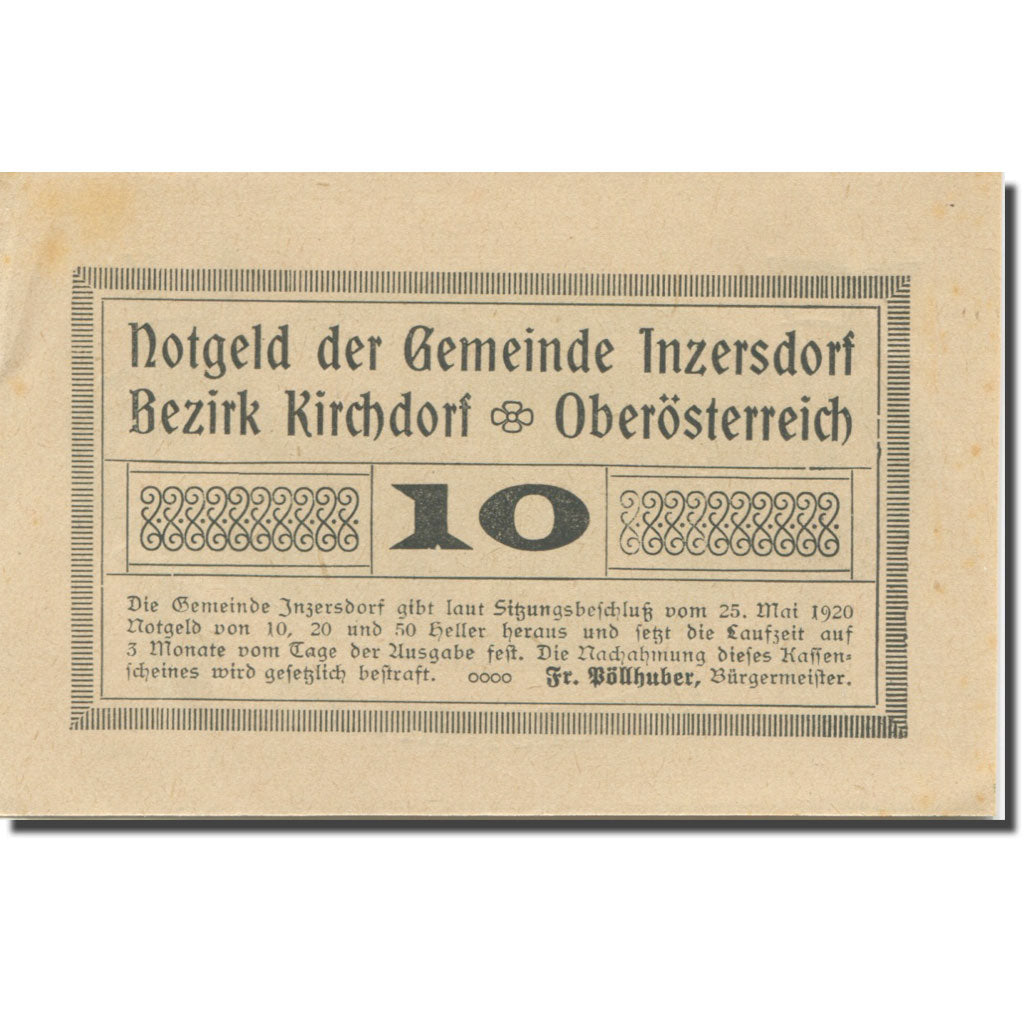 Banknote, Austria, Inzersdorf, 10 Heller, château 1, 1920 UNC(63) Mehl:FS 415Ia