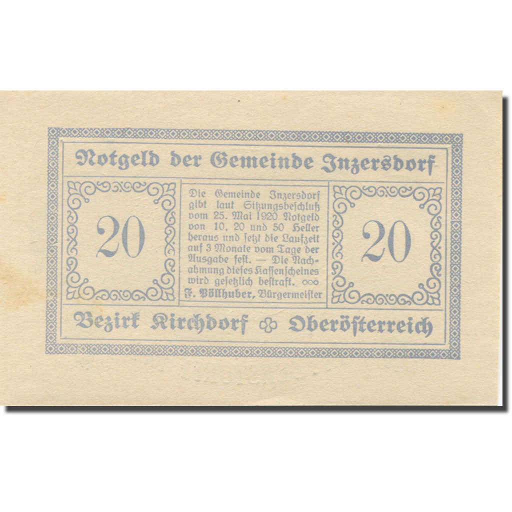 Banknote, Austria, Inzersdorf, 20 Heller, château 2, 1920, UNC(63) Mehl:FS 415Ia