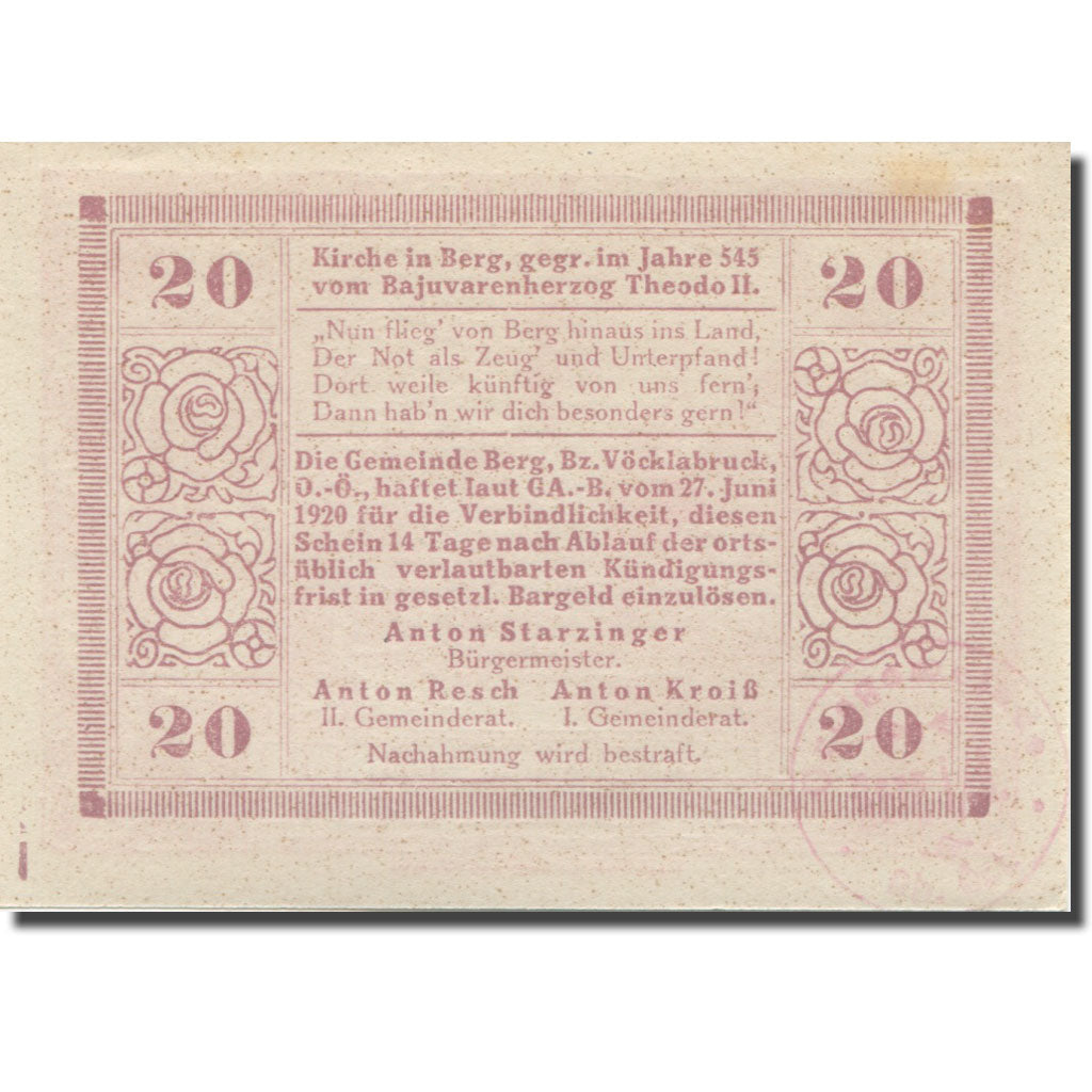 Banknote, Austria, Berg, 20 Heller, Eglise, 1920 UNC(65-70) Mehl:FS 66