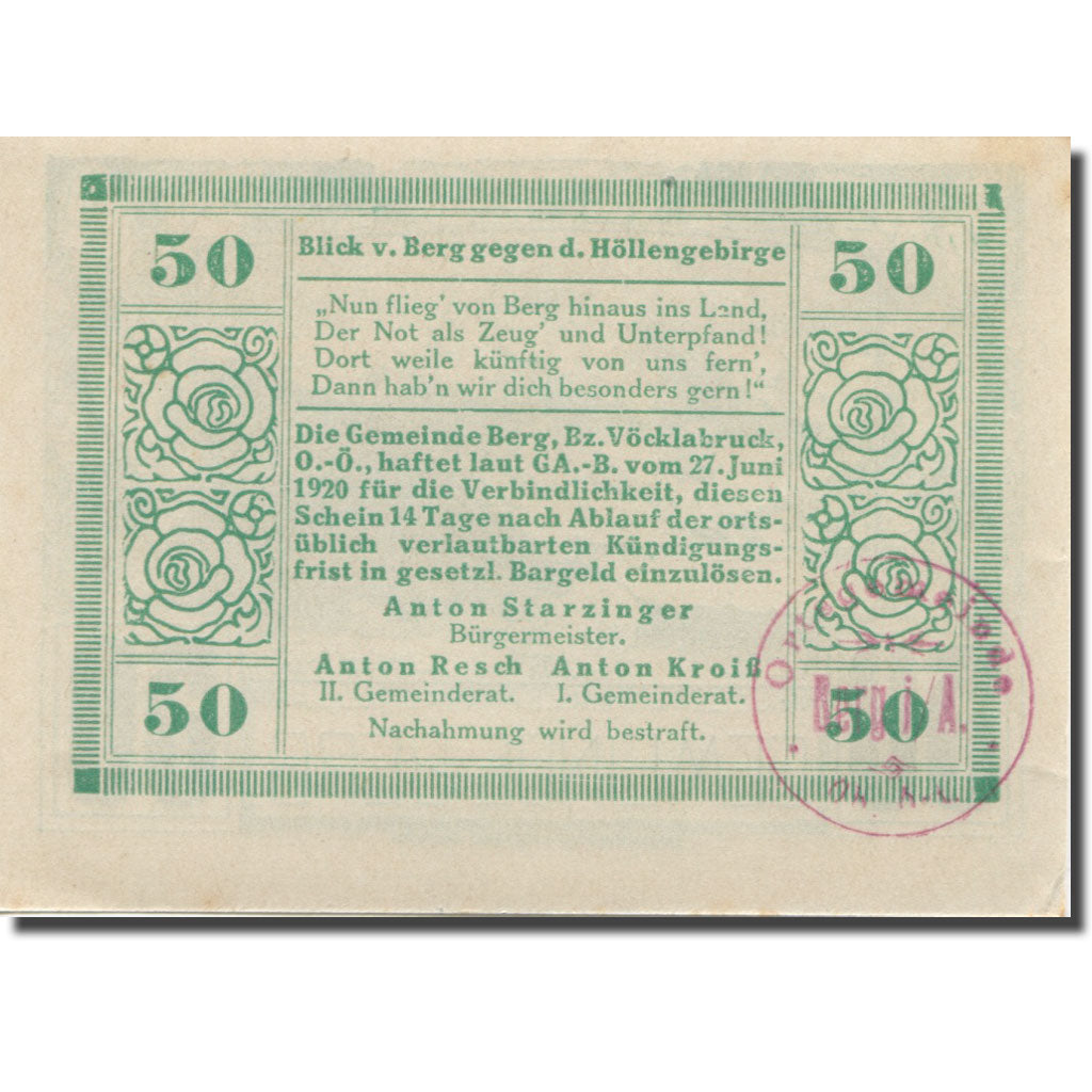 Banknote, Austria, Berg, 50 Heller, montagne 1920-06-27, UNC(63), Mehl:FS 66