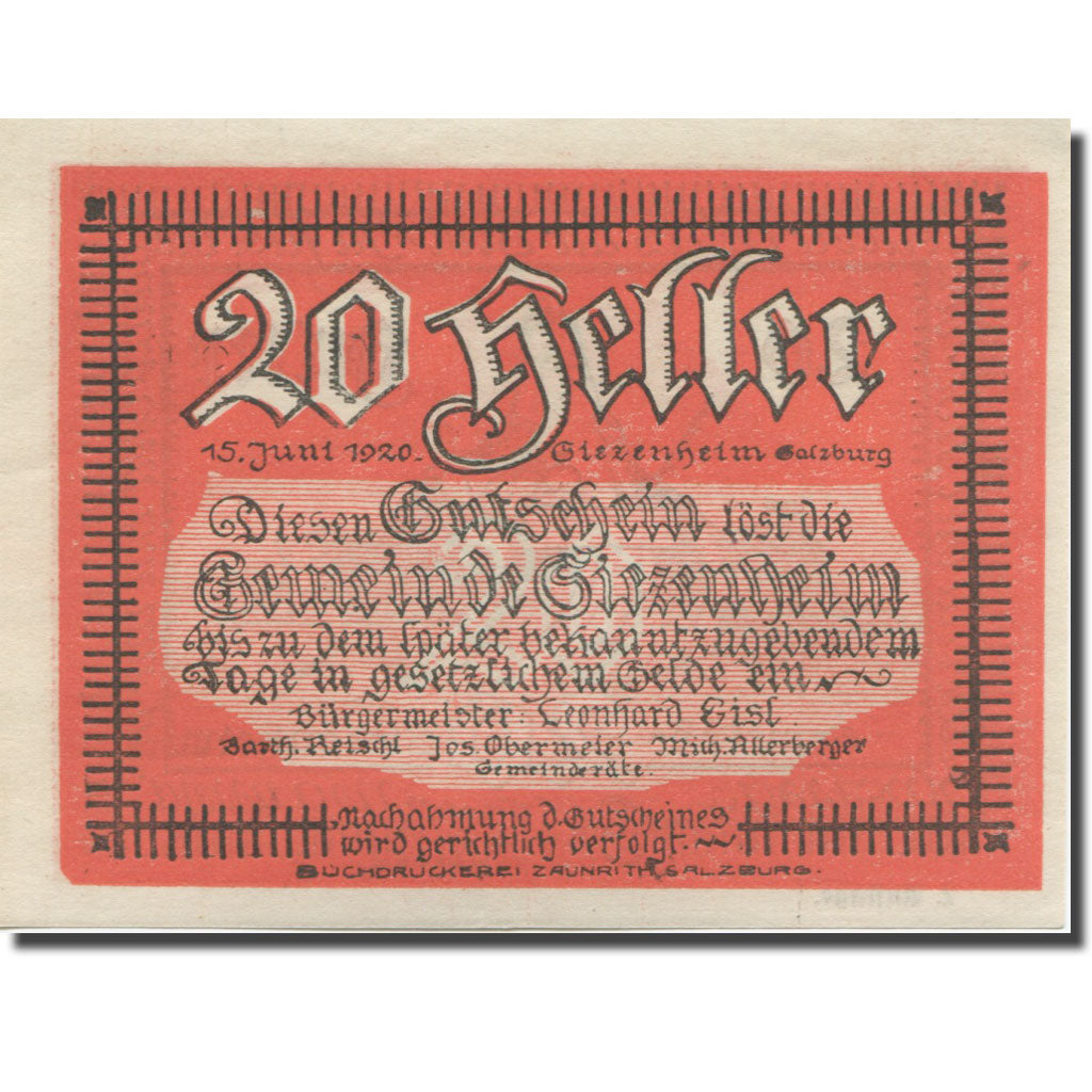 Banknote, Austria, Siezenheim, 20 Heller, roi, 1920 UNC(63) Mehl:FS 996b