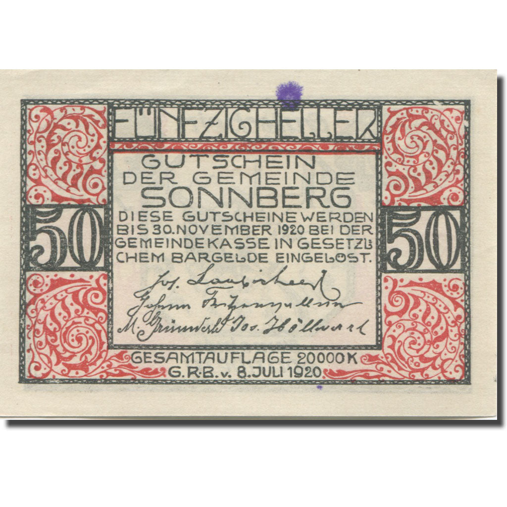 Banknote, Austria, Sonnberg, 50 Heller, Foret, 1920 UNC(63) Mehl:FS 1004a