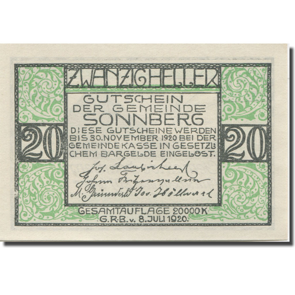Banknote, Austria, Sonnberg, 20 Heller, paysage, 1920 UNC(65-70) Mehl:FS 1004a