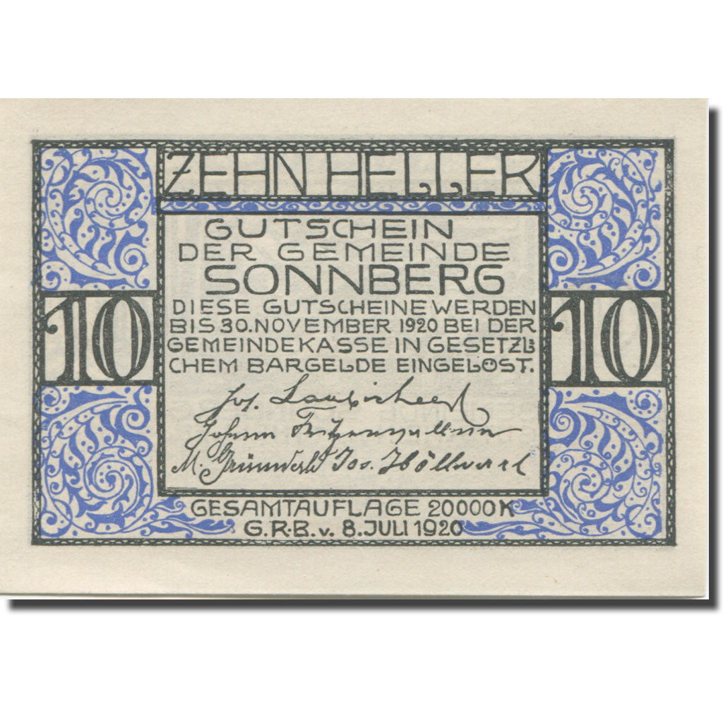 Banknote, Austria, Sonnberg, 10 Heller, bûcheron, 1920 UNC(65-70) Mehl:FS 1004a