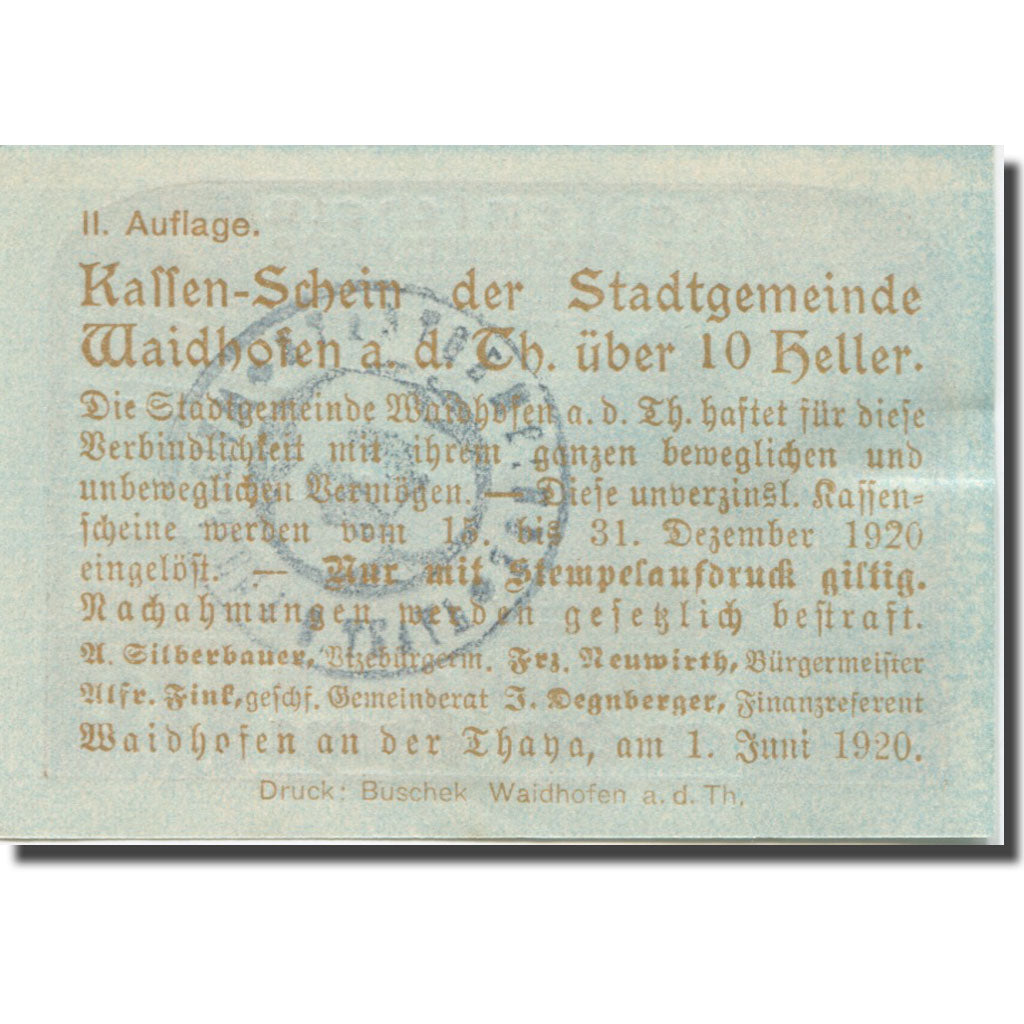 Billet, Autriche, Waidhofen an der Thaya, 10 Heller 1920 NEUF Mehl:FS 1125IIb