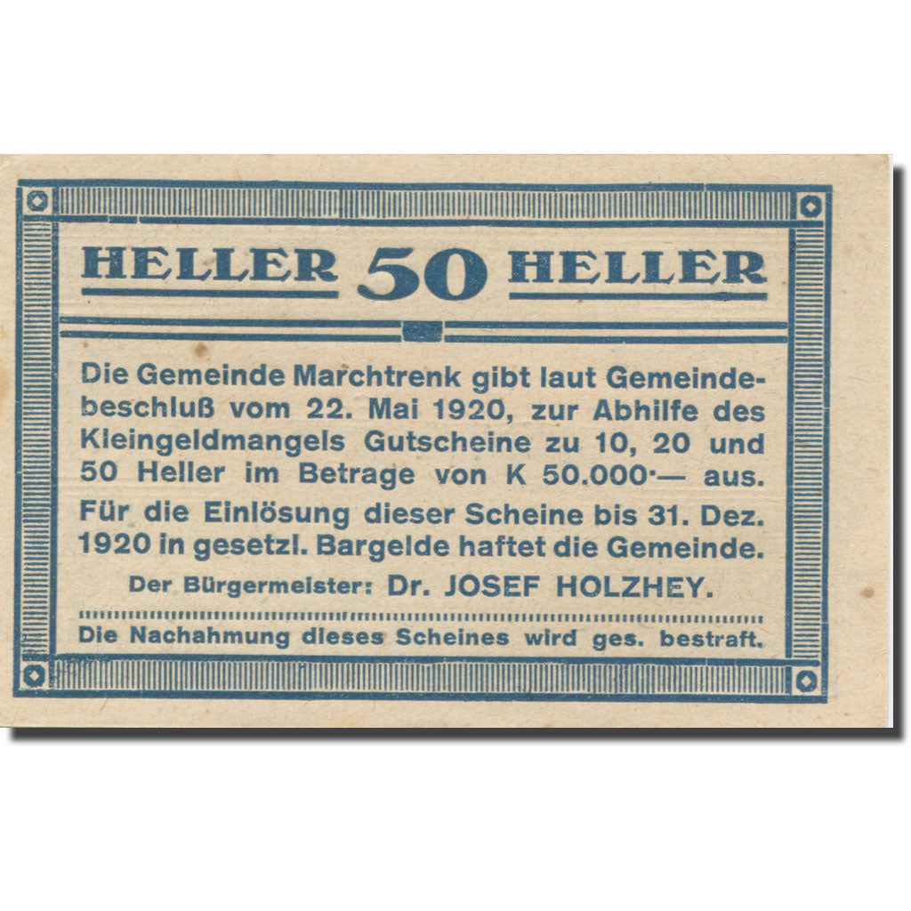 Banknote, Austria, marchtrenk, 50 Heller, Usine, 1920 UNC(63) Mehl:FS 581c