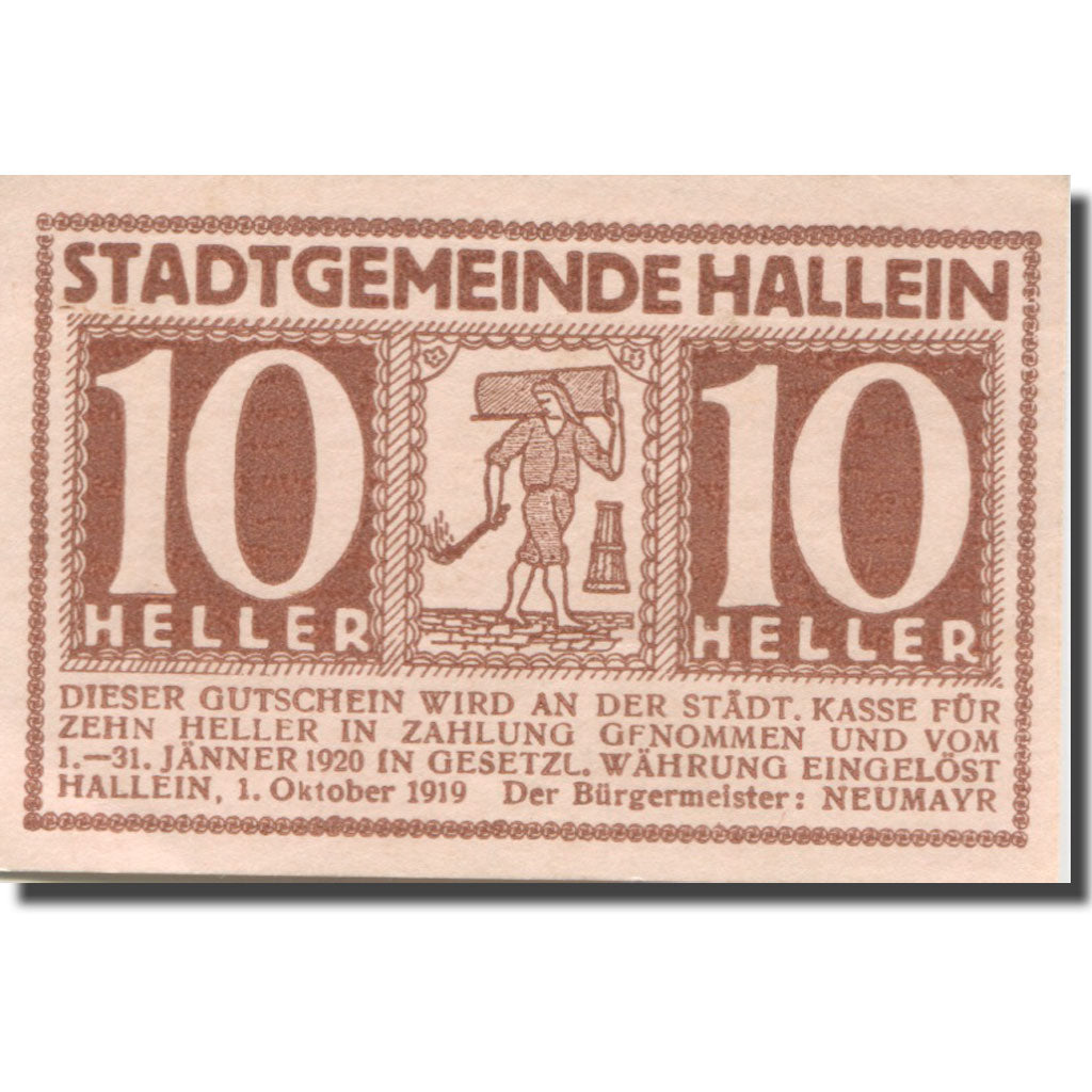 Banknote, Austria, Hallein, 10 Heller, champs, 1920 UNC(63) Mehl:FS 344Ia