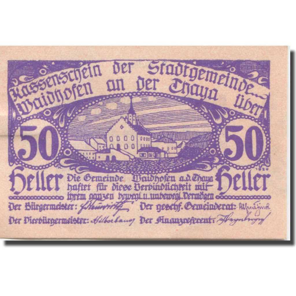 Banknote, Austria, Waidhofen, 50 Heller, Eglise, 1920 UNC(63) Mehl:FS 1125Ib