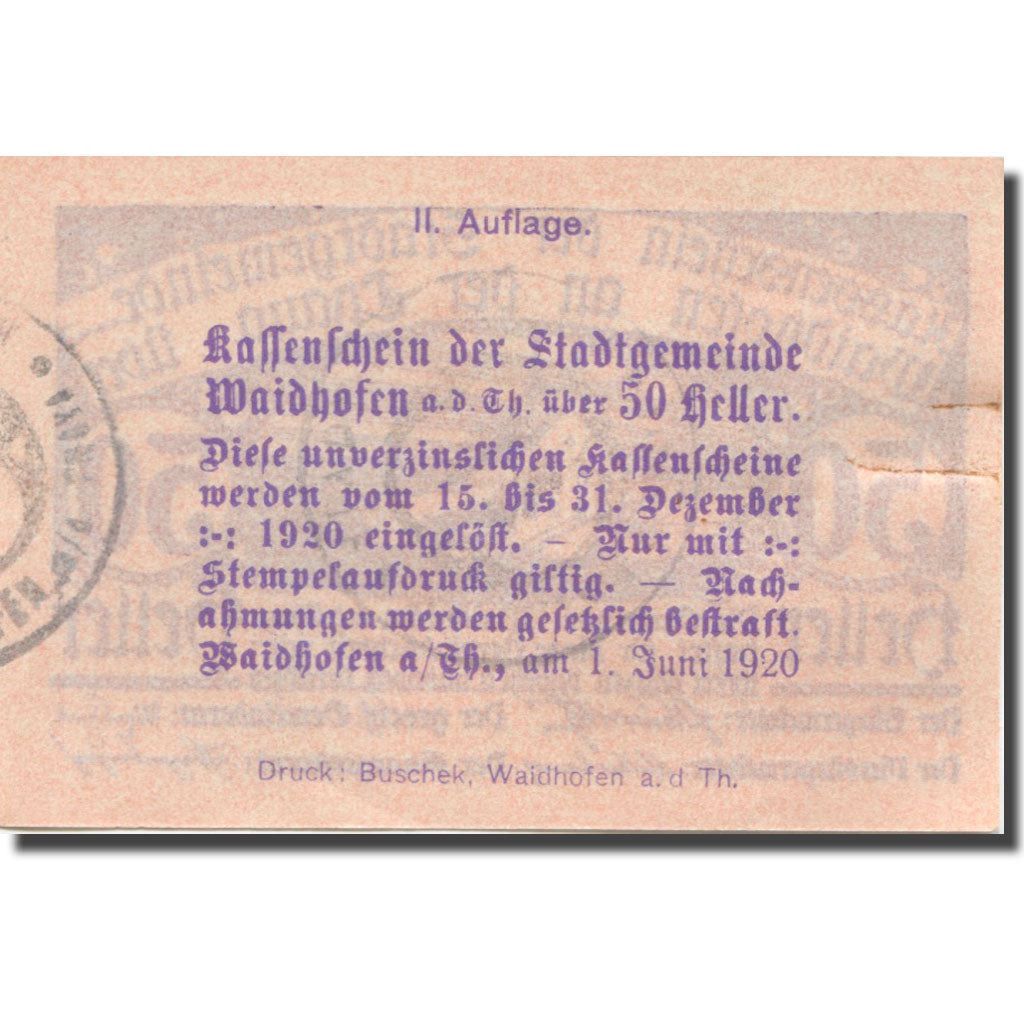 Banknote, Austria, Waidhofen, 50 Heller, Eglise, 1920 UNC(63) Mehl:FS 1125Ib