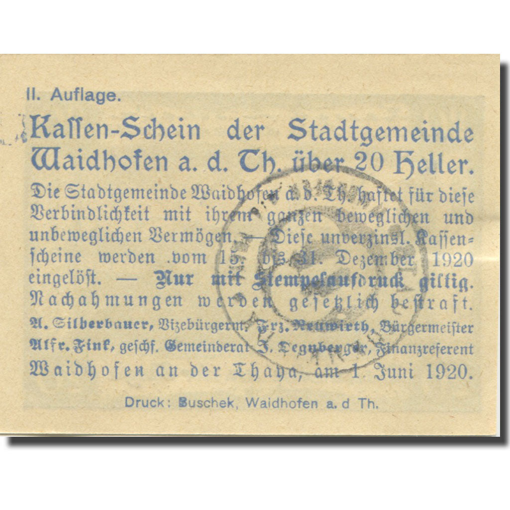 Banknote, Austria, Waidhofen, 20 Heller, village, 1920 UNC(65-70) Mehl:FS 1125Ib