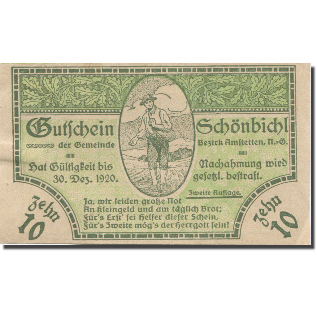 Banconote, Austria, Schonbichl, 10 Heller, champs, 1920 SPL Mehl:FS 969IIa