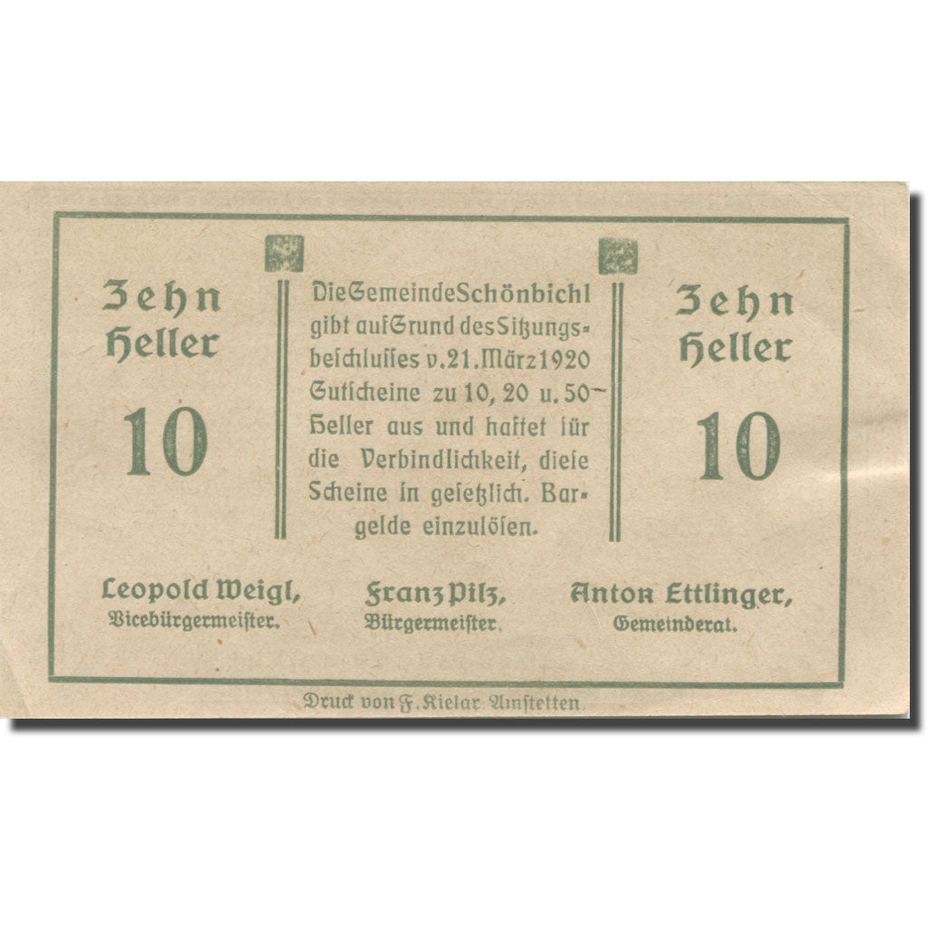 Banconote, Austria, Schonbichl, 10 Heller, champs, 1920 SPL Mehl:FS 969IIa
