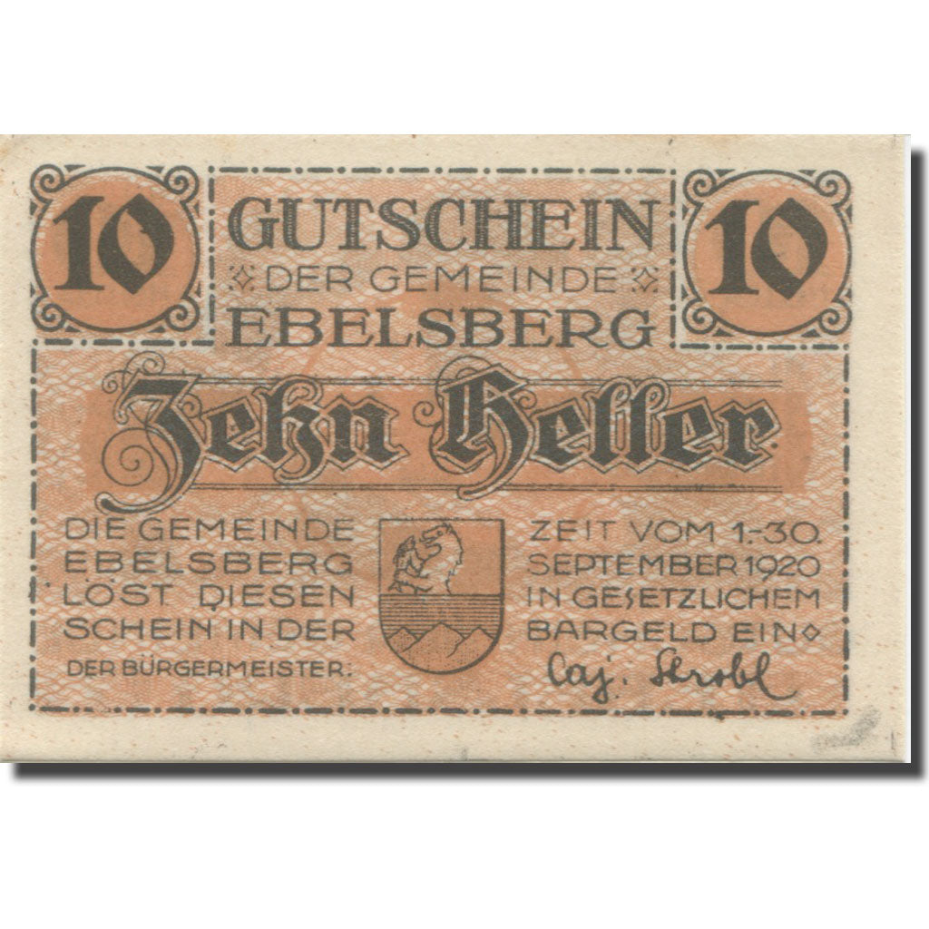 Banconote, Austria, Ebelsberg, 10 Heller, personnage, 1920 SPL Mehl:FS 140Ia