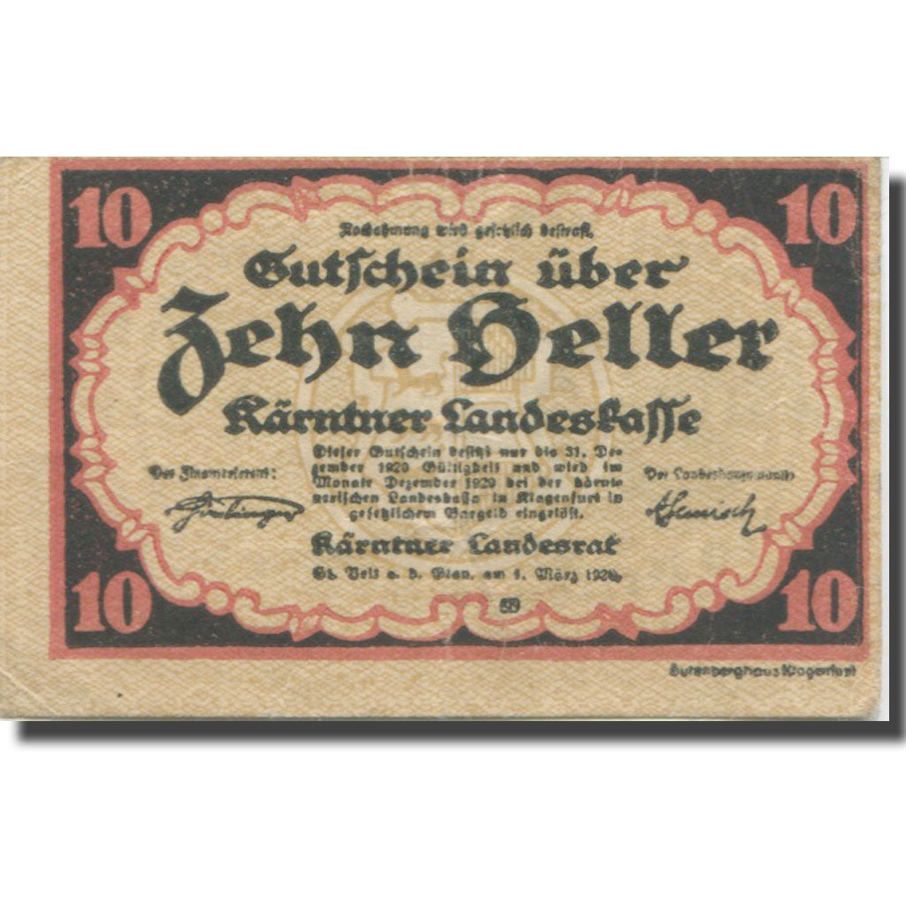 Banknote, Austria, Landesrat, 10 Heller, Blason, 1920 AU(55-58) Mehl:FS 427