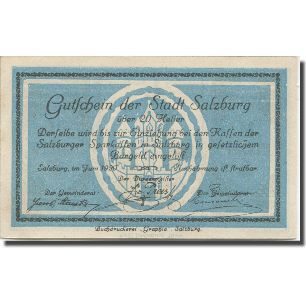 Banknote, Austria, Salzburg, 20 Heller, château, 1920, UNC(63), Mehl:FS 862a