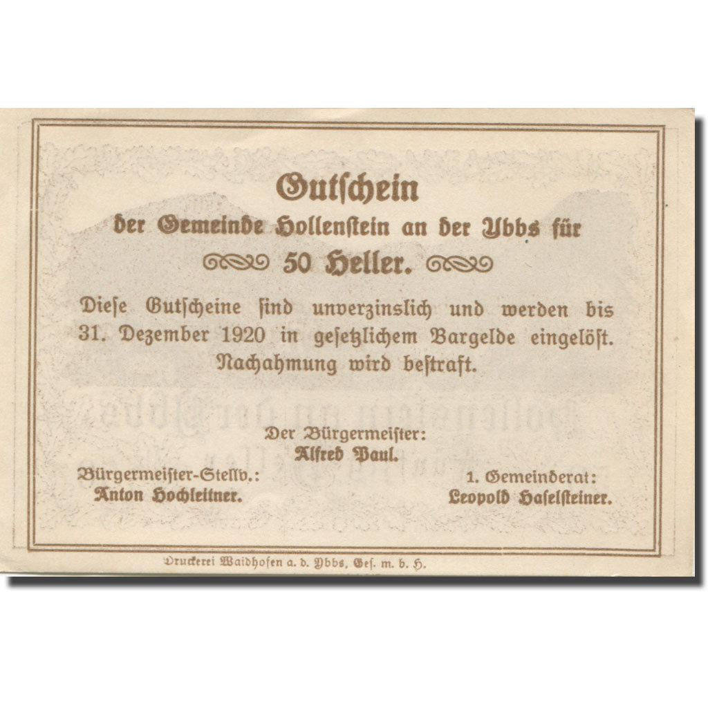 Banknote, Austria, Hollenstein, 50 Heller, montagne, 1920 UNC(63) Mehl:FS 395a