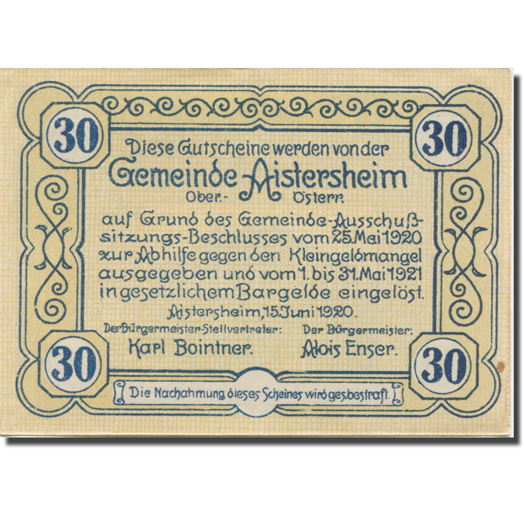 Banknote, Austria, Aistersheim, 30 Heller, mairie, 1921 UNC(63) Mehl:FS 15a
