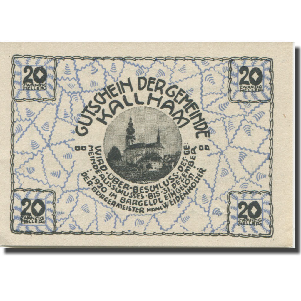 Banknote, Austria, Kallham, 20 Heller, Eglise 1, 1920 UNC(63) Mehl:FS 422a