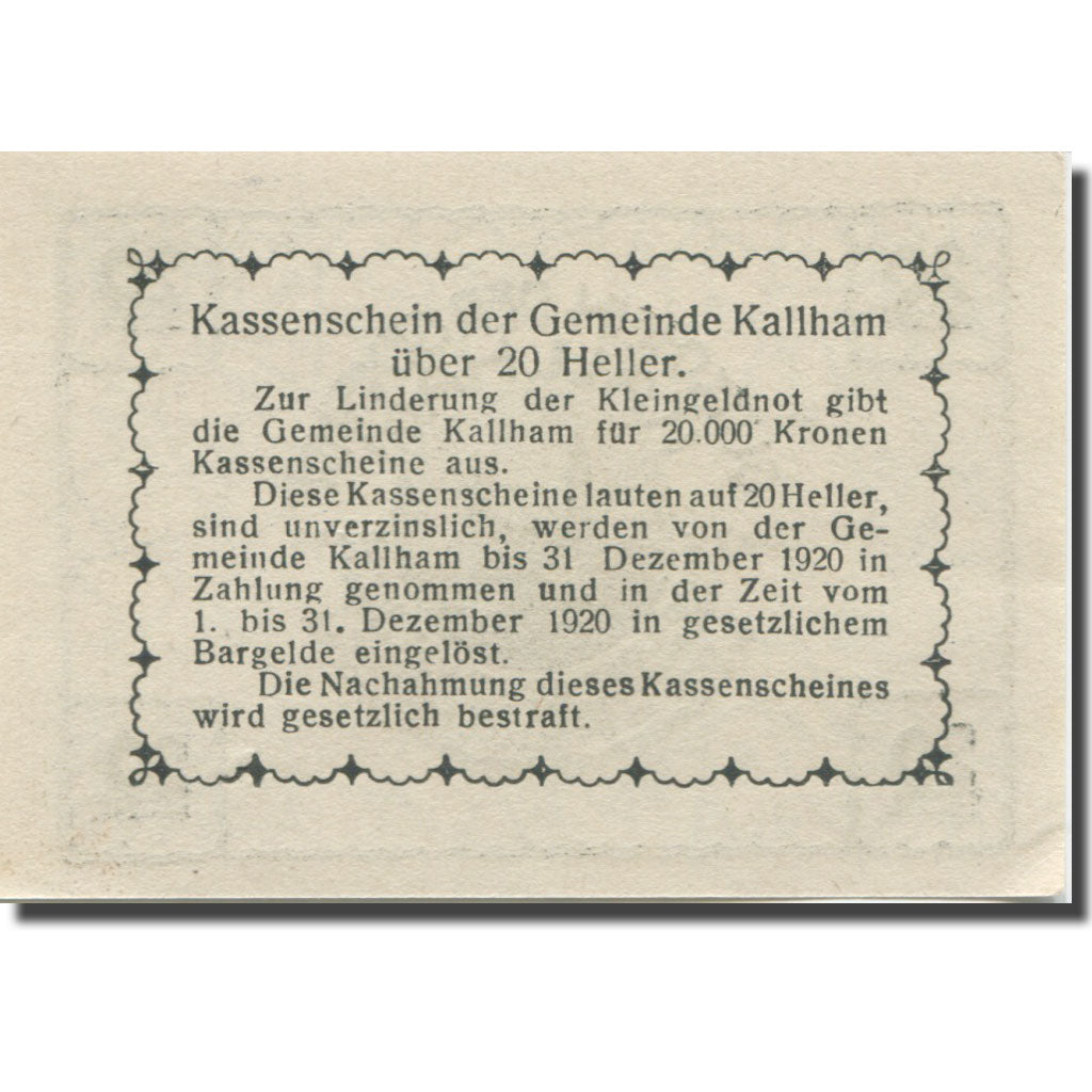 Banknote, Austria, Kallham, 20 Heller, Eglise 1, 1920 UNC(63) Mehl:FS 422a