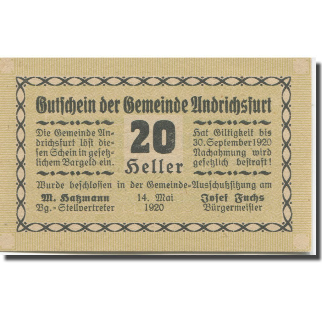Banknote, Austria, Andrichsfurt, 20 Heller 1920-09-30 UNC(65-70) Mehl:FS 41