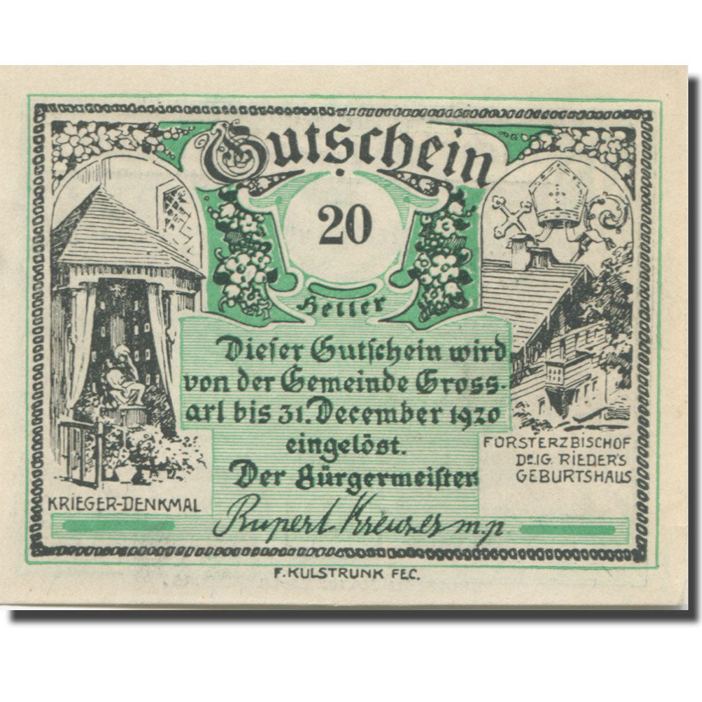 Banknote, Austria, Grossarl, 20 Heller, cerf 1920-12-31, UNC(63), Mehl:FS 292a