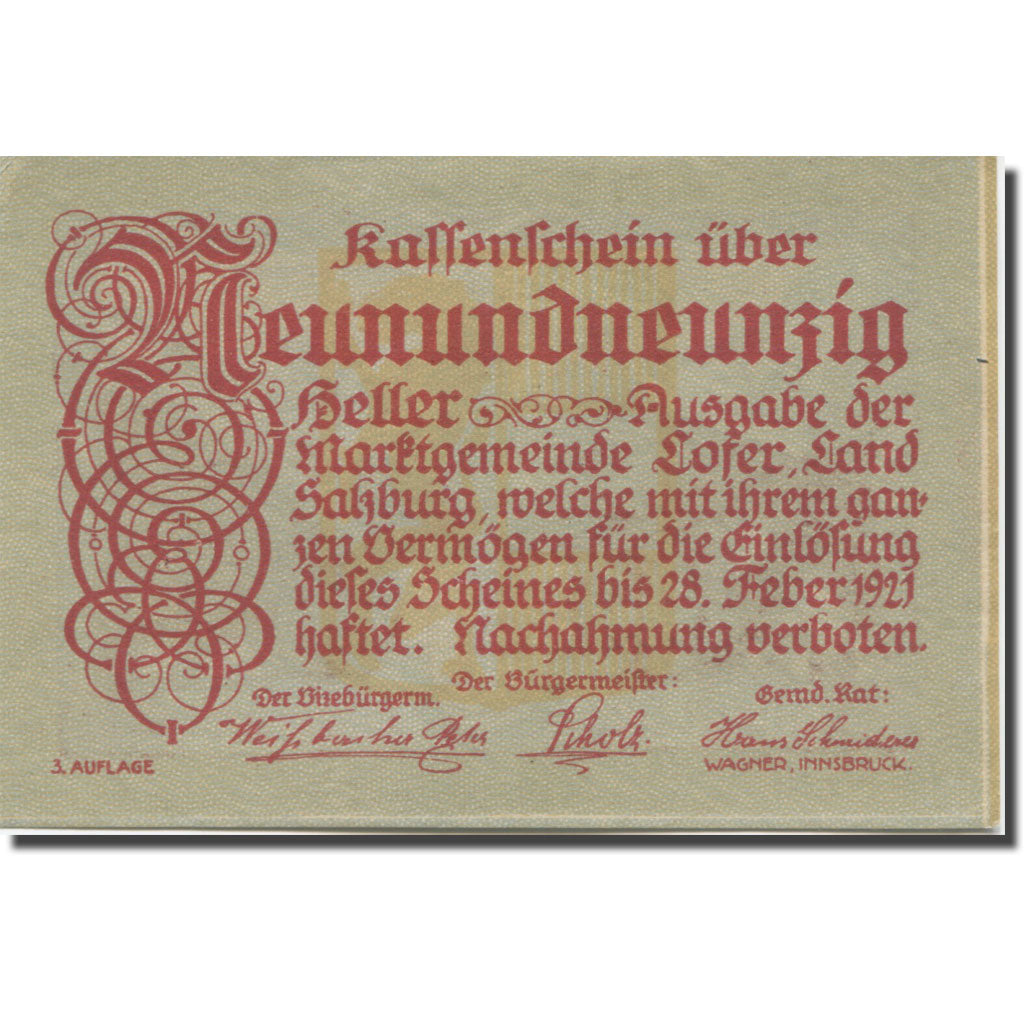 Banknote, Austria, Lofer, 99 Heller, montagne, 1921 UNC(63) Mehl:FS 560a