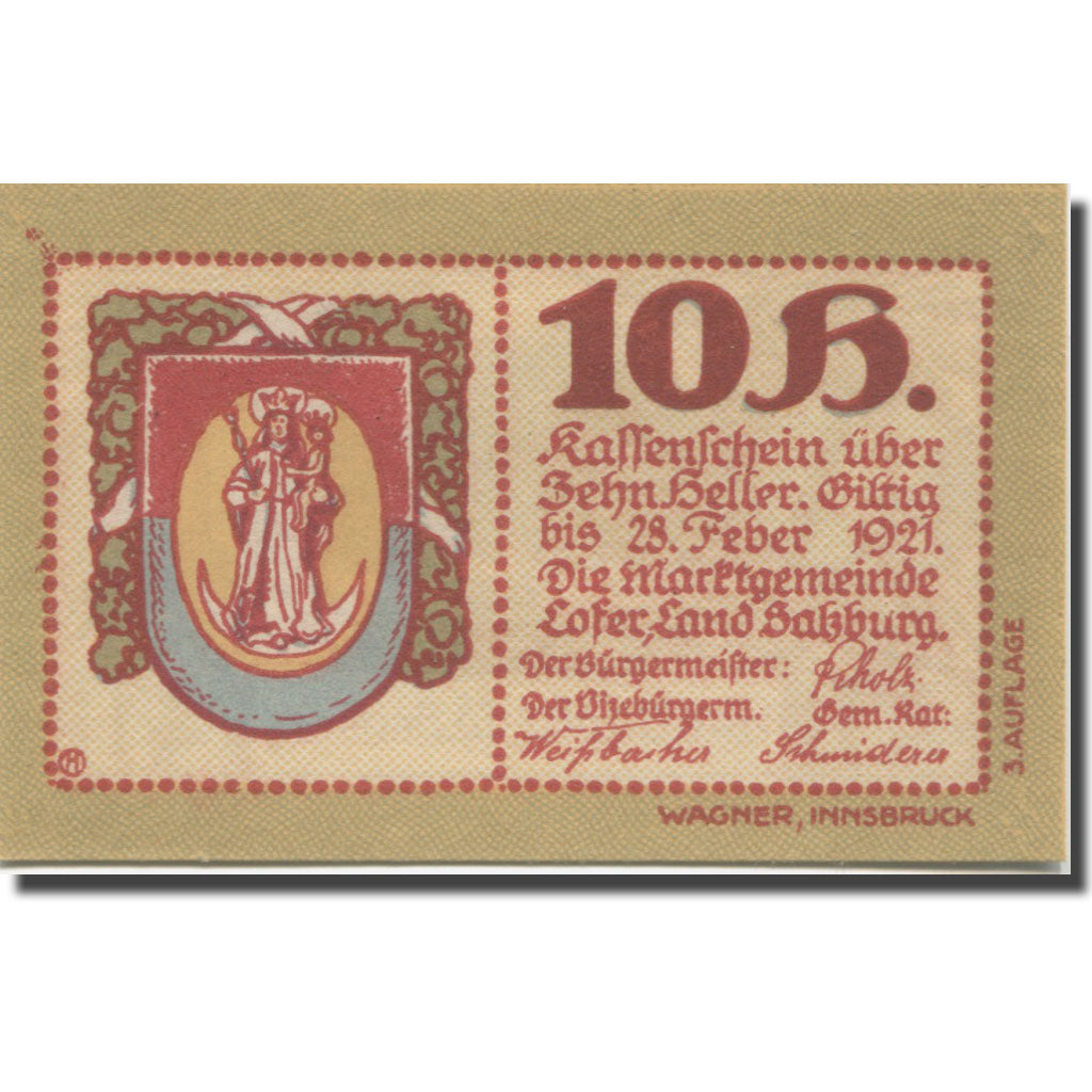 Banknote, Austria, Lofer, 10 Heller, Blason, 1921 UNC(65-70) Mehl:FS 560a