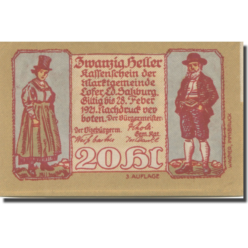 Banknote, Austria, Lofer, 20 Heller, personnage, 1921 UNC(65-70) Mehl:FS 560a