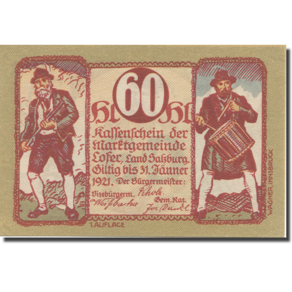 Banknote, Austria, Lofer, 60 Heller, personnage, 1921 UNC(65-70) Mehl:FS 560a
