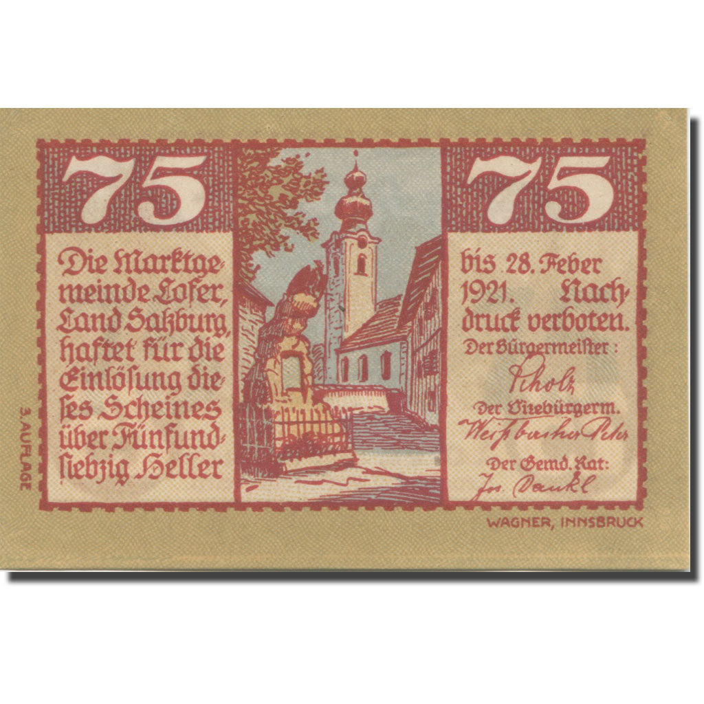 Banknote, Austria, Lofer, 75 Heller, rue 1921-01-31, UNC(65-70), Mehl:FS 560a