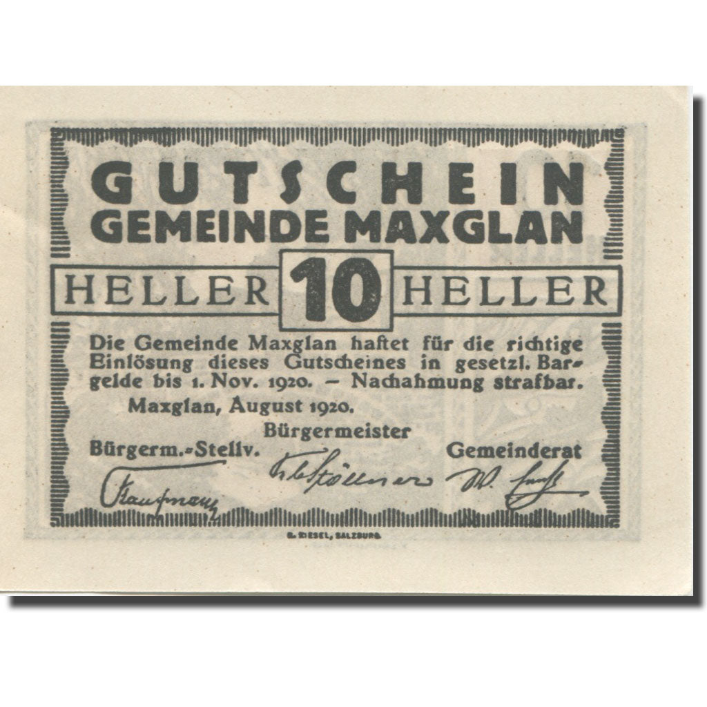 Banknote, Austria, Maxglan, 10 Heller, pont 1920-11-01, UNC(63), Mehl:FS 602a