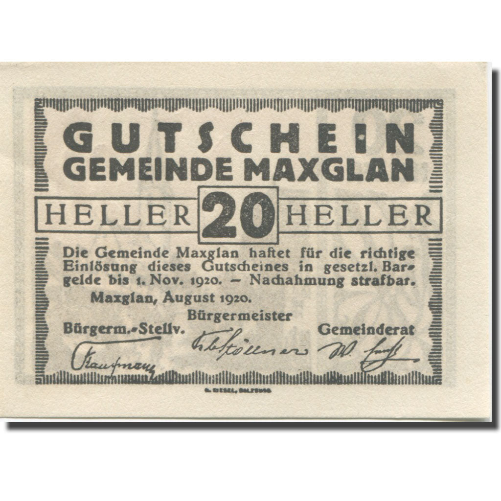Banknote, Austria, Maxglan, 20 Heller, Eglise, 1920 UNC(63) Mehl:FS 602a