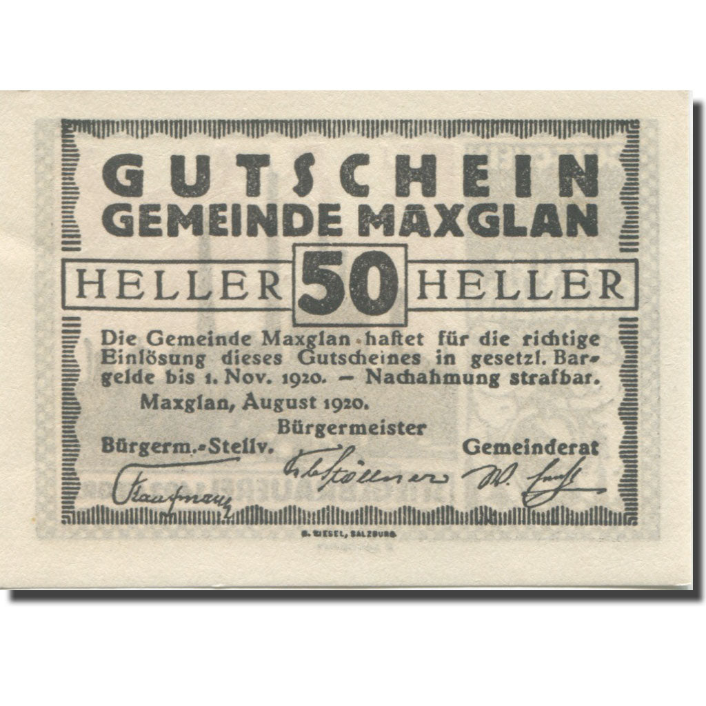Banknote, Austria, Maxglan, 50 Heller, Usine 1920-11-01, UNC(63), Mehl:FS 602a