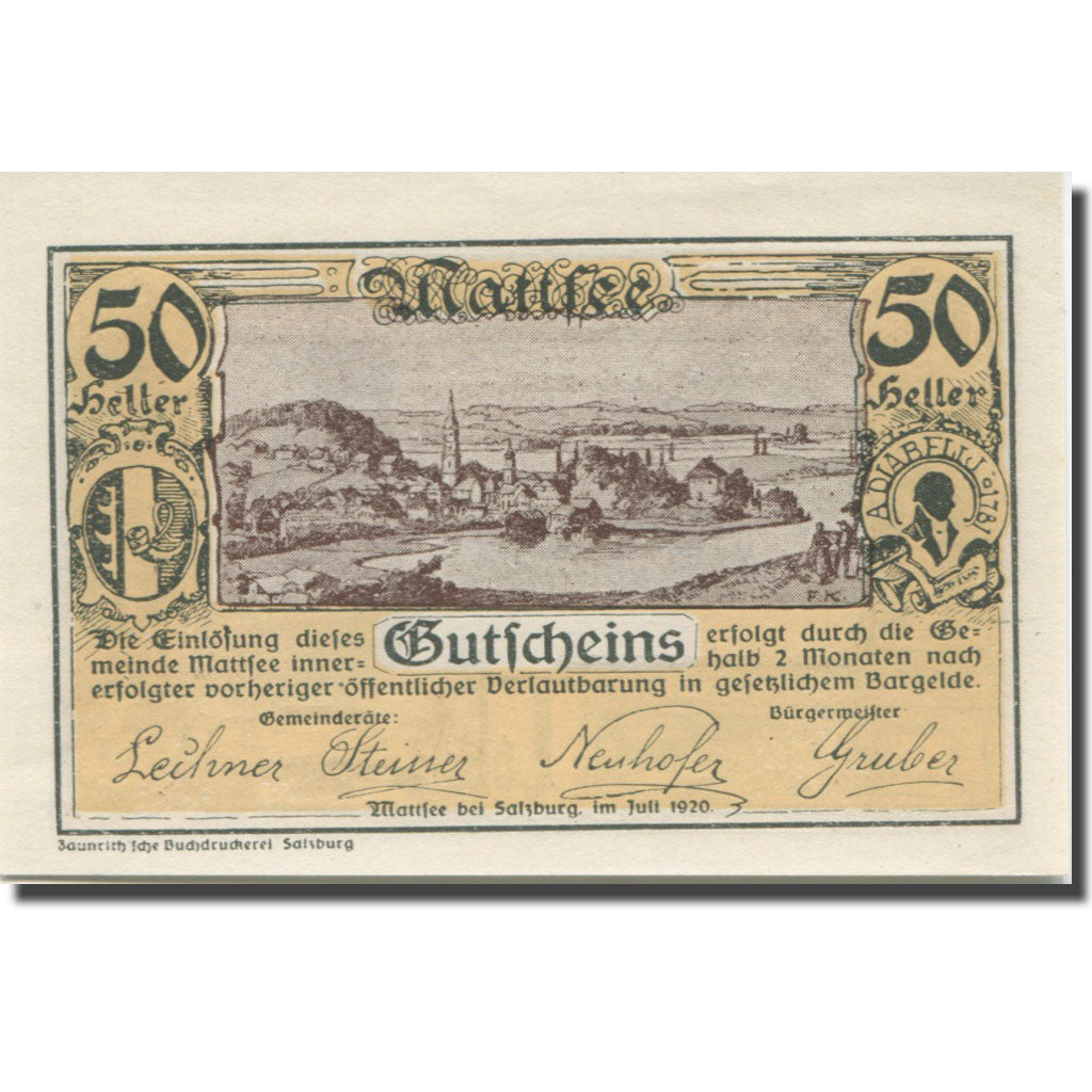 Banknote, Austria, Mattsee, 50 Heller, paysage, 1920, UNC(65-70), Mehl:FS 596a