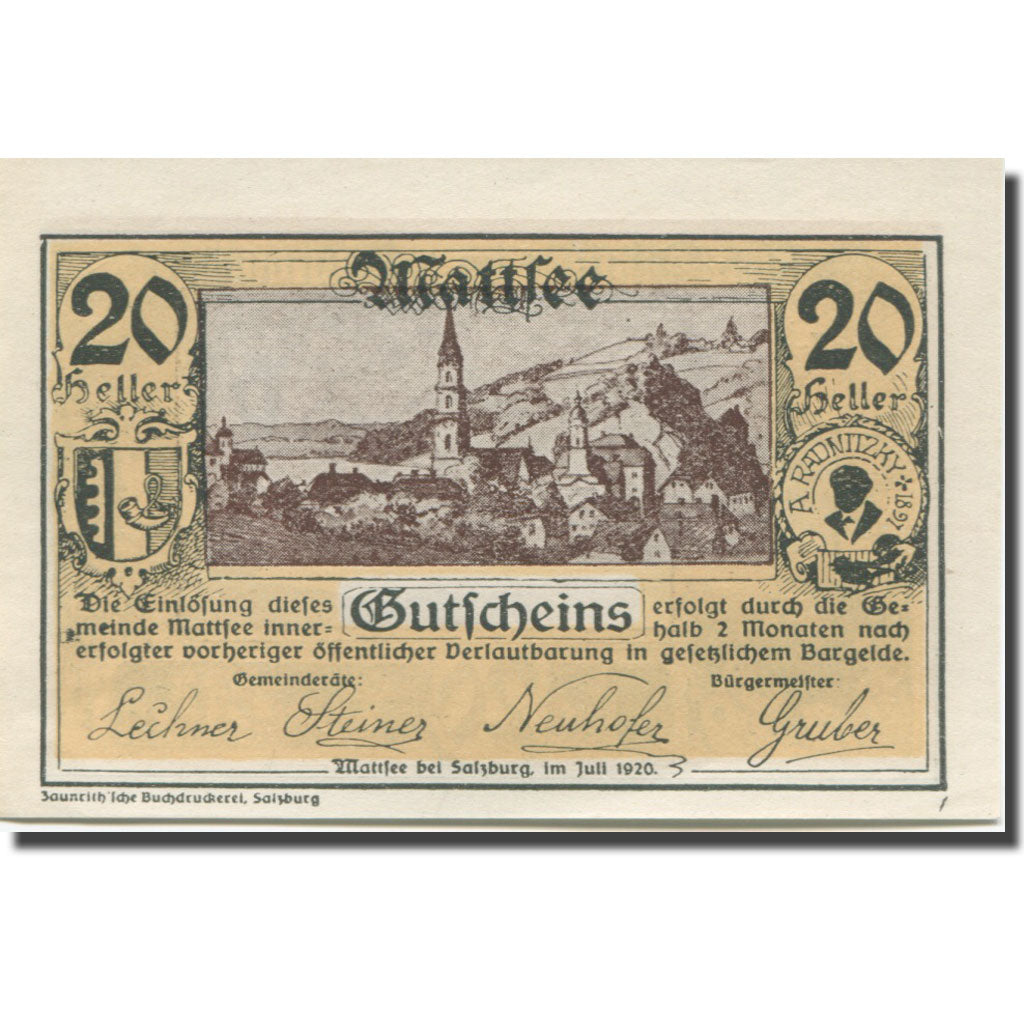 Banknote, Austria, Mattsee, 20 Heller, château, 1920, UNC(65-70), Mehl:FS 596a