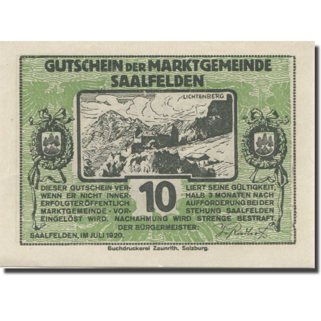 Banknote, Austria, Saalfelden, 10 Heller, montagne, 1920, UNC(63), Mehl:FS 859b