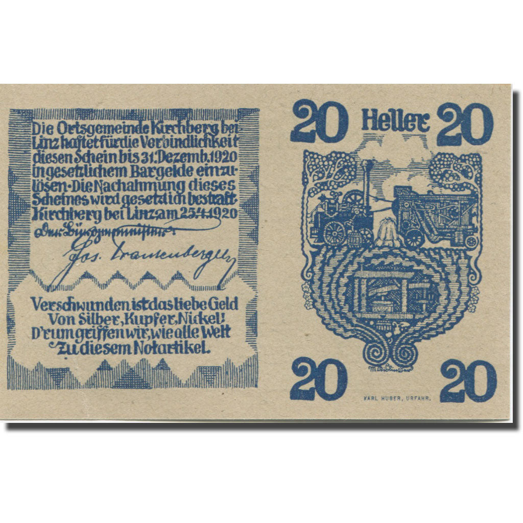 Banknote, Austria, Kirchberg, 20 Heller, Eglise, 1920 UNC(65-70) Mehl:FS 443a
