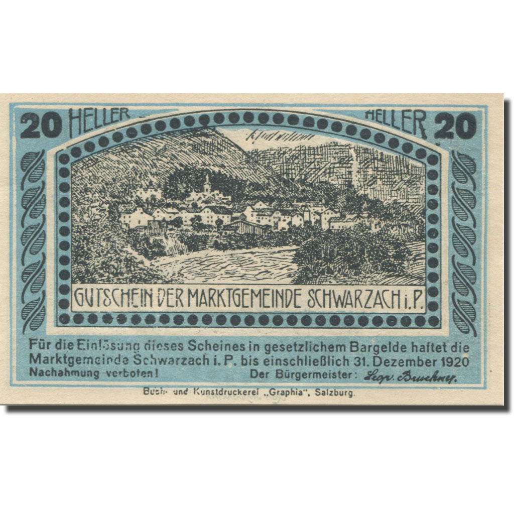 Banknote, Austria, Schwarzach, 20 Heller, mairie, 1920, UNC(65-70) Mehl:FS 978